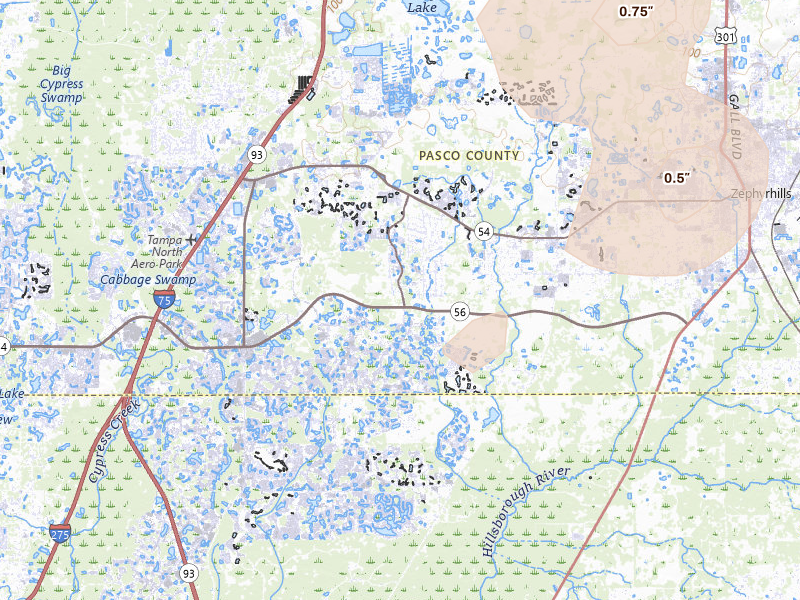 Radar-estimated hail-size map of the storm over Wesley Chapel, FL on Aug 14, 2026