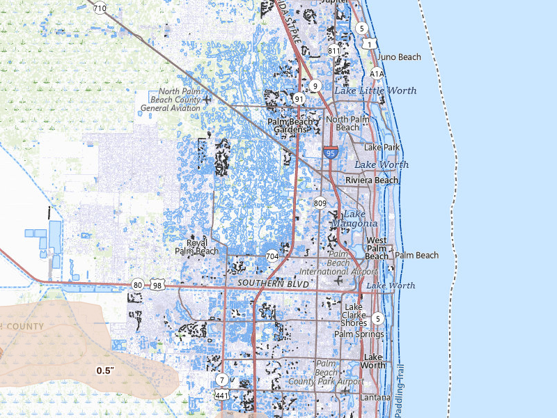 Radar-estimated hail-size map of the storm over West Palm Beach, FL on Feb 28, 2026