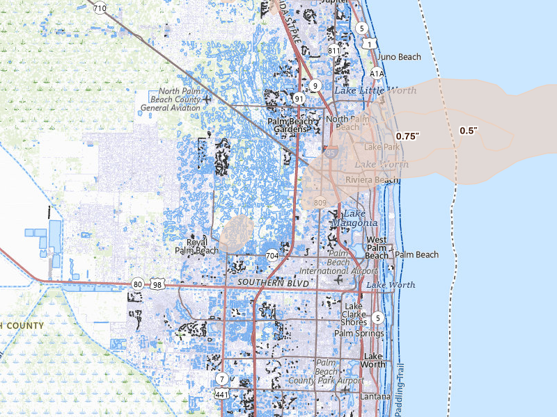 Radar-estimated hail-size map of the storm over West Palm Beach, FL on Mar 16, 2026