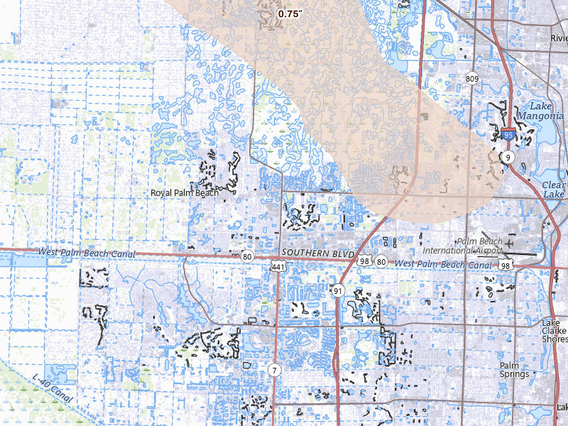 Radar-estimated hail-size map of the storm over West Palm Beach, FL on Jun 2, 2026