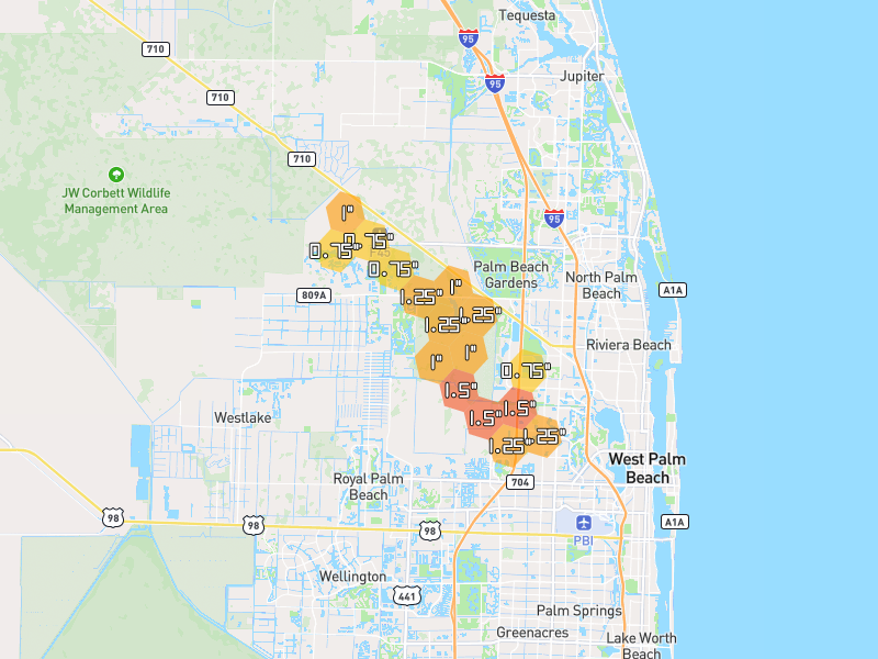 Hail map of West Palm Beach, FL on Jun 2, 2026, hail up to 1.5"