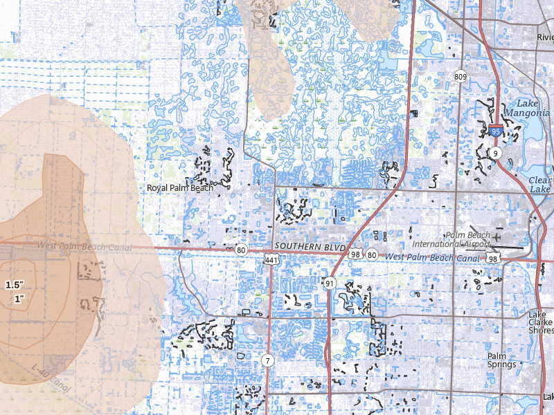 Radar-estimated hail-size map of the storm over West Palm Beach, FL on Jun 20, 2026