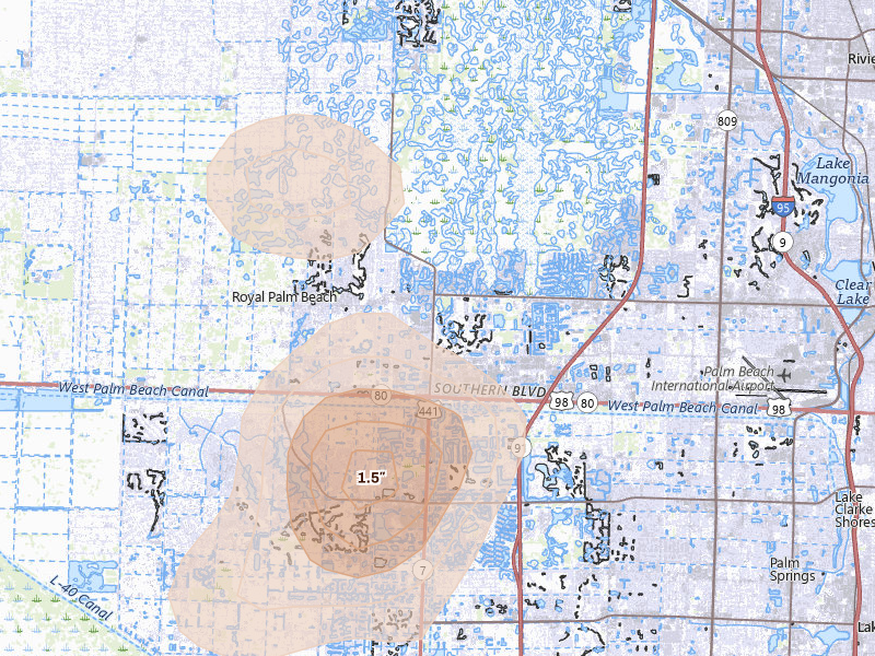Radar-estimated hail-size map of the storm over West Palm Beach, FL on Jun 24, 2026