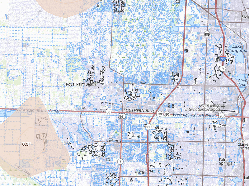 Radar-estimated hail-size map of the storm over West Palm Beach, FL on Jul 12, 2026