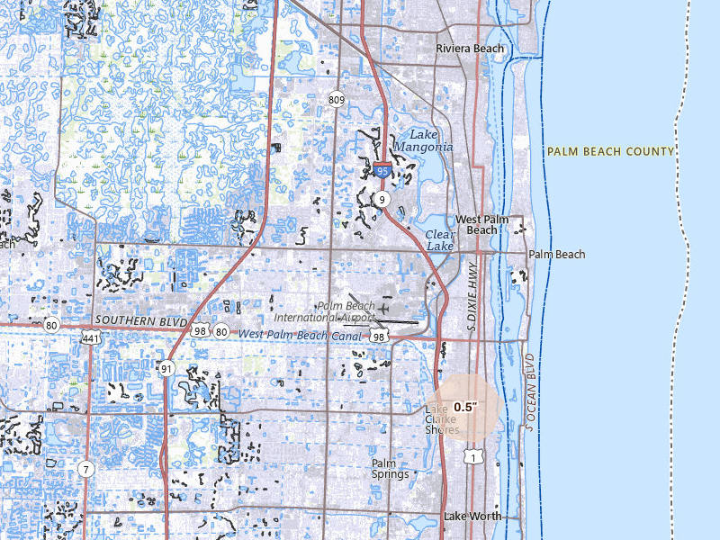 Radar-estimated hail-size map of the storm over West Palm Beach, FL on Aug 1, 2026