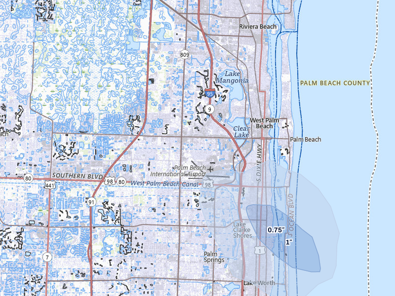 NEXRAD radar-signature map of the hail storm over West Palm Beach, FL on Aug 1, 2026