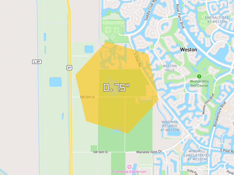 Hail map of Weston, FL on Jul 1, 2026, hail up to 0.75"