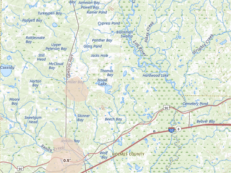 Radar-estimated hail-size map of the storm over Westville, FL on Aug 18, 2026