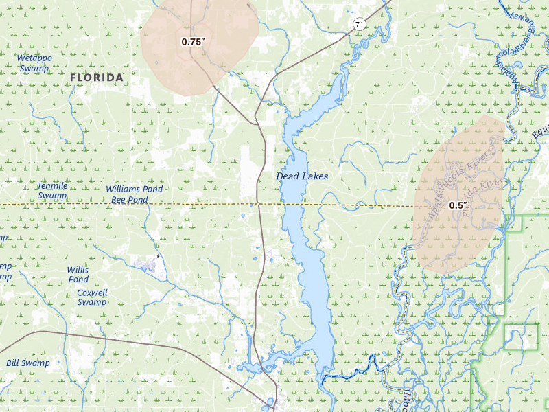 Radar-estimated hail-size map of the storm over Wewahitchka, FL on Aug 17, 2026