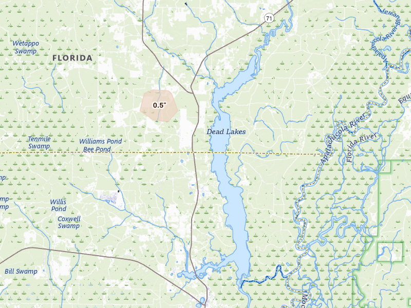 Radar-estimated hail-size map of the storm over Wewahitchka, FL on Aug 20, 2026