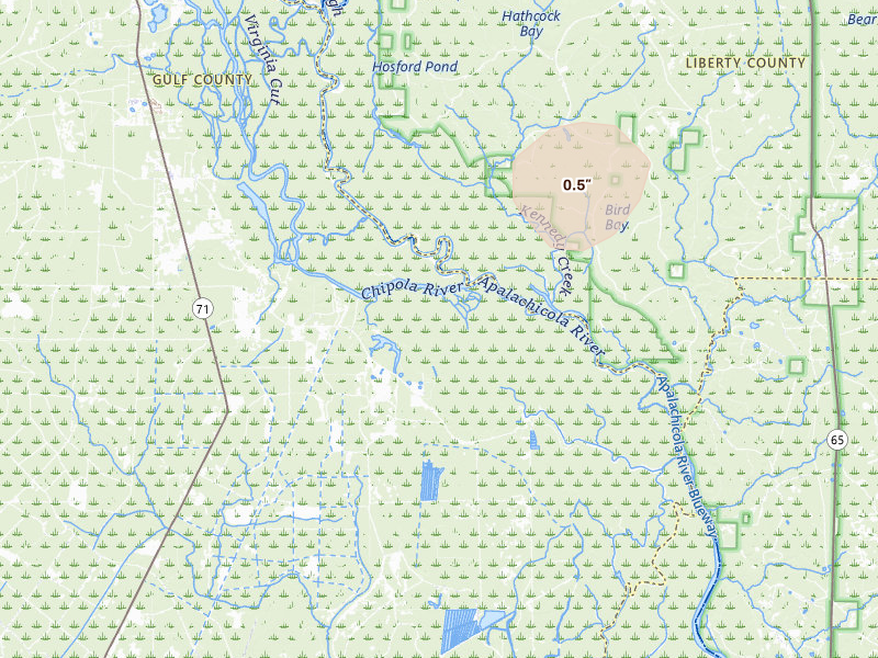 Radar-estimated hail-size map of the storm over Wewahitchka, FL on Aug 24, 2026