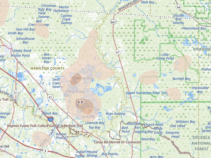 Radar-estimated hail-size map of the storm over White Springs, FL on May 17, 2026