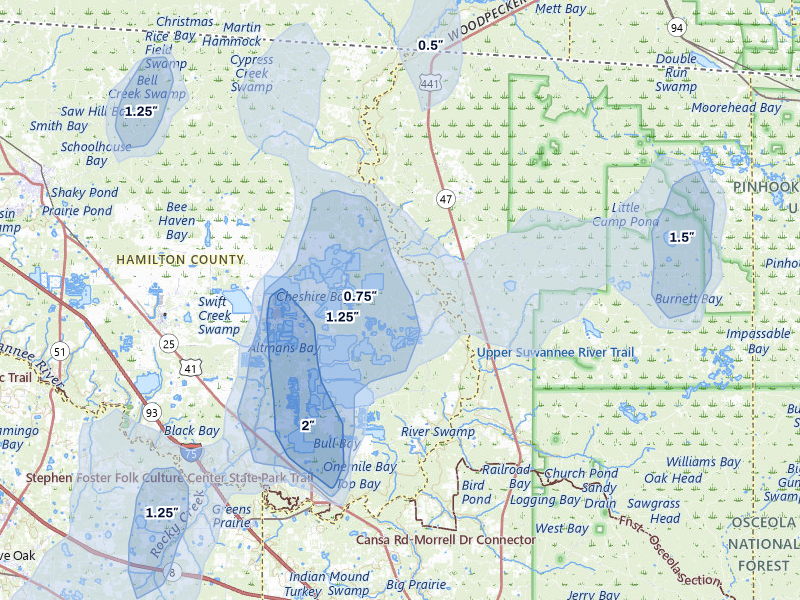 NEXRAD radar-signature map of the hail storm over White Springs, FL on May 17, 2026