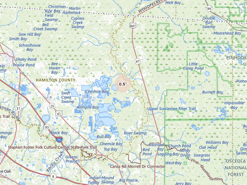 Radar-estimated hail-size map of the storm over White Springs, FL on May 22, 2026