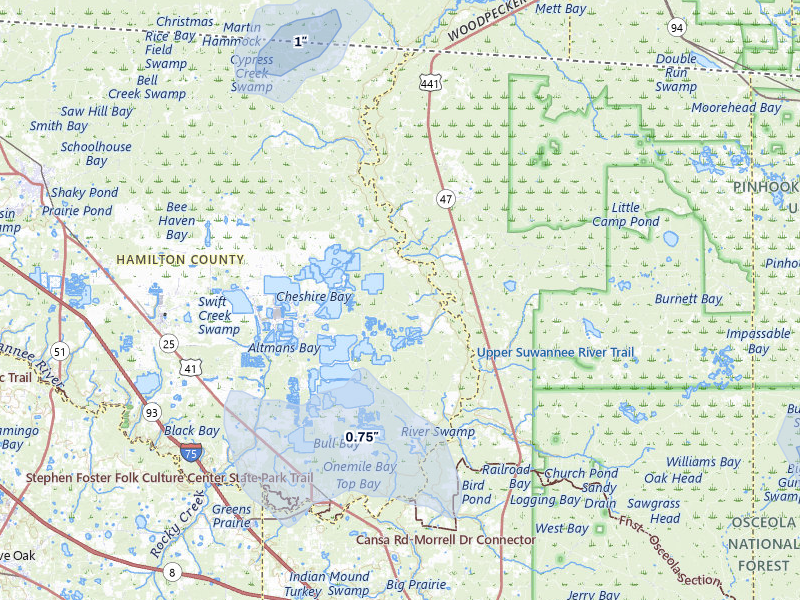 NEXRAD radar-signature map of the hail storm over White Springs, FL on Jul 30, 2026