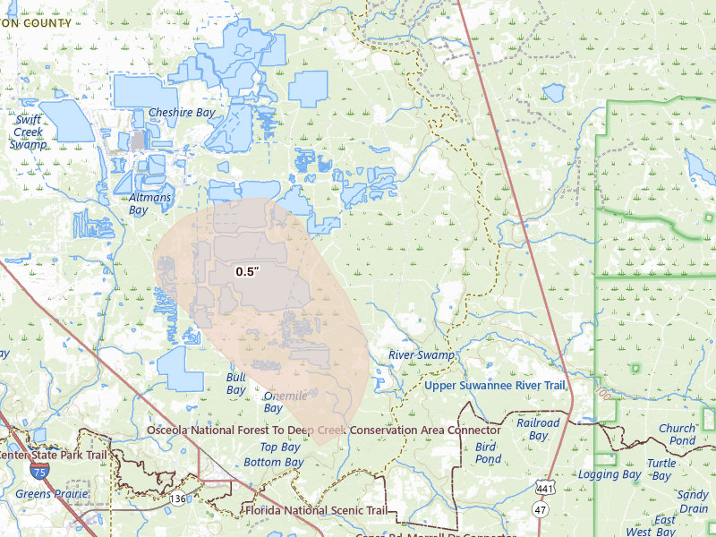 Radar-estimated hail-size map of the storm over White Springs, FL on Aug 9, 2026