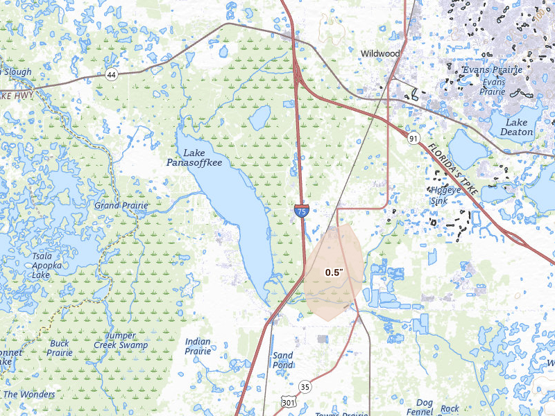 Radar-estimated hail-size map of the storm over Wildwood, FL on Aug 5, 2026