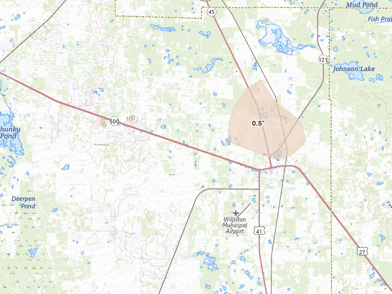 Radar-estimated hail-size map of the storm over Williston, FL on Jun 24, 2026