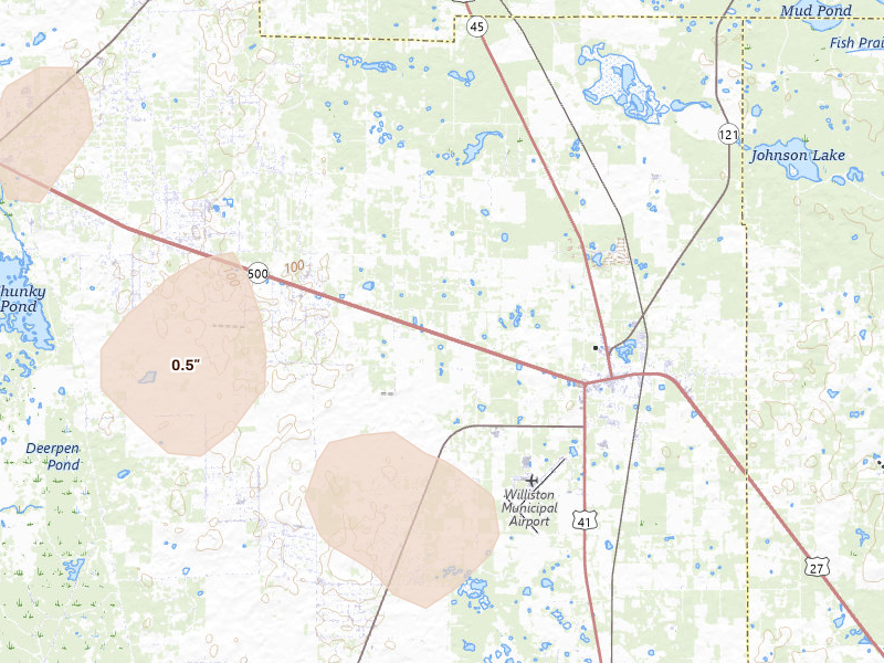 Radar-estimated hail-size map of the storm over Williston, FL on Jun 30, 2026