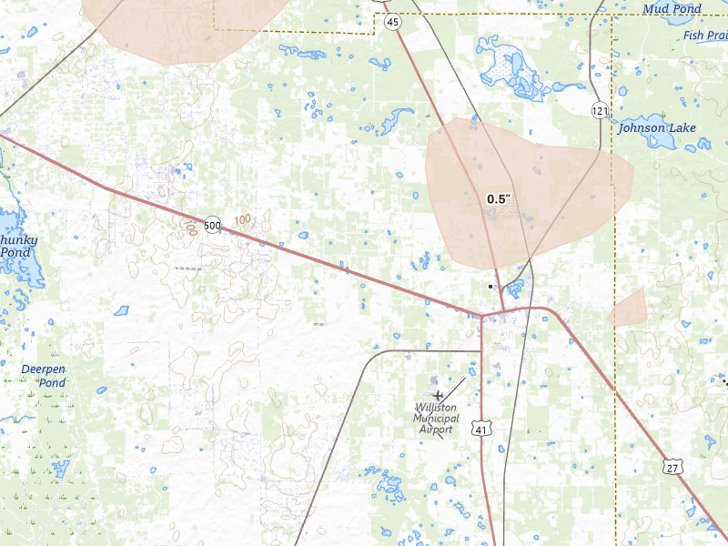 Radar-estimated hail-size map of the storm over Williston, FL on Jul 17, 2026