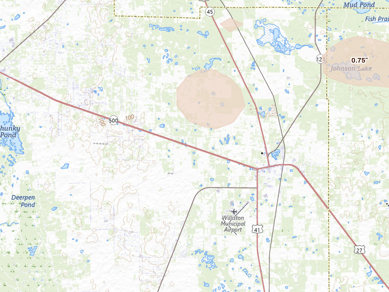 Radar-estimated hail-size map of the storm over Williston, FL on Jul 30, 2026