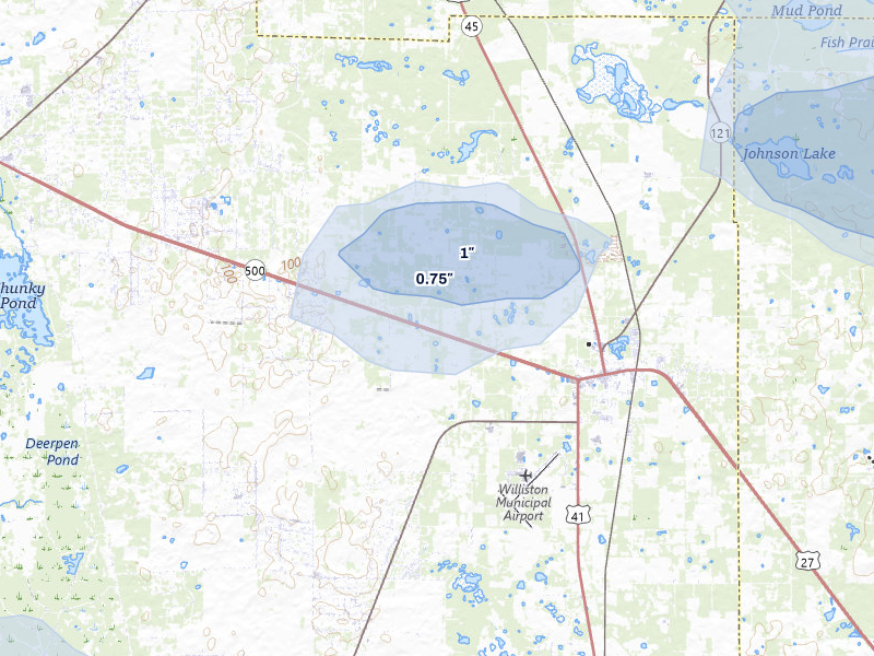 NEXRAD radar-signature map of the hail storm over Williston, FL on Jul 30, 2026