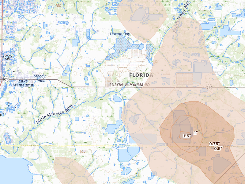 Radar-estimated hail-size map of the storm over Wimauma, FL on Mar 5, 2026
