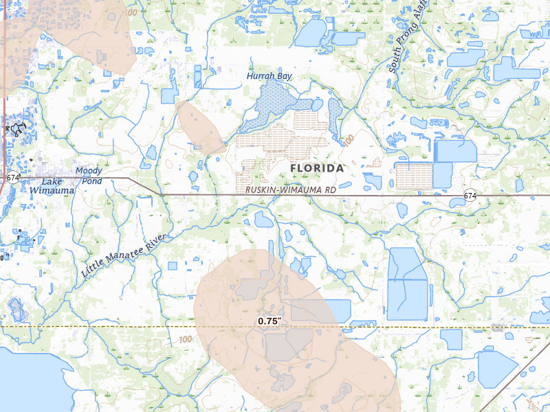Radar-estimated hail-size map of the storm over Wimauma, FL on May 20, 2026
