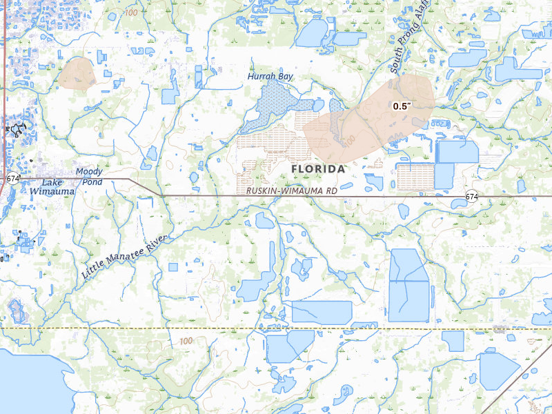Radar-estimated hail-size map of the storm over Wimauma, FL on Jun 27, 2026