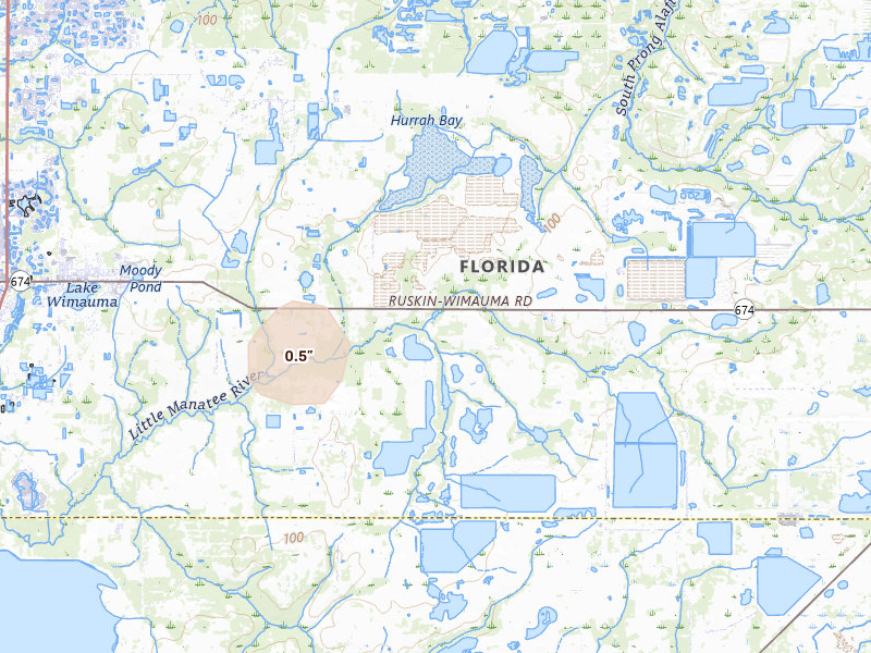 Radar-estimated hail-size map of the storm over Wimauma, FL on Jun 28, 2026