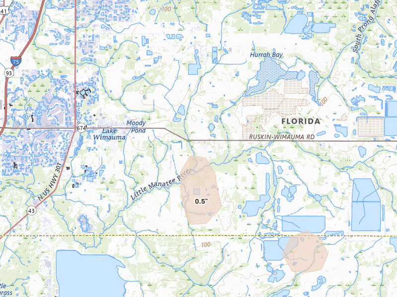 Radar-estimated hail-size map of the storm over Wimauma, FL on Jul 10, 2026