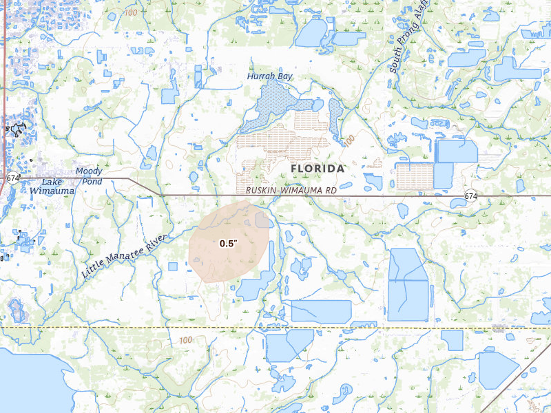 Radar-estimated hail-size map of the storm over Wimauma, FL on Jul 26, 2026