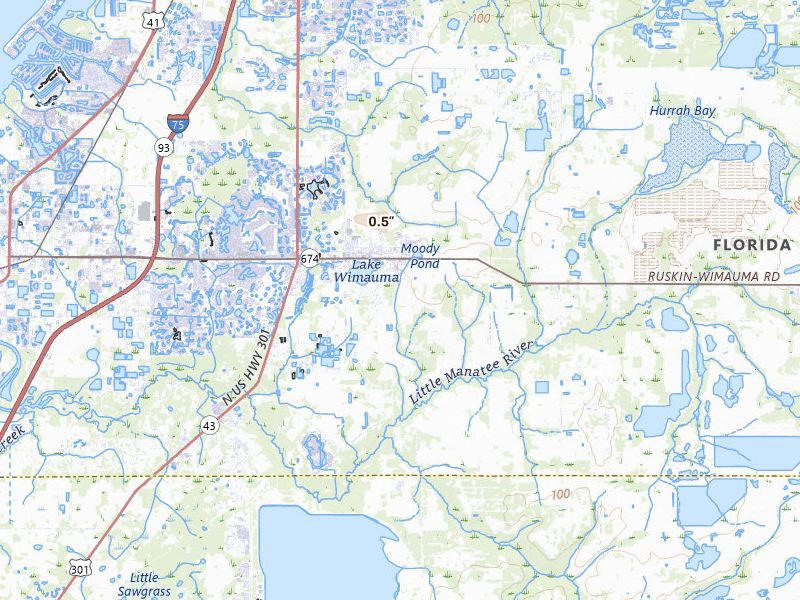 Radar-estimated hail-size map of the storm over Wimauma, FL on Aug 6, 2026