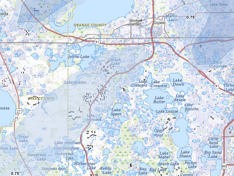 NEXRAD radar-signature map of the hail over Winter Garden, FL