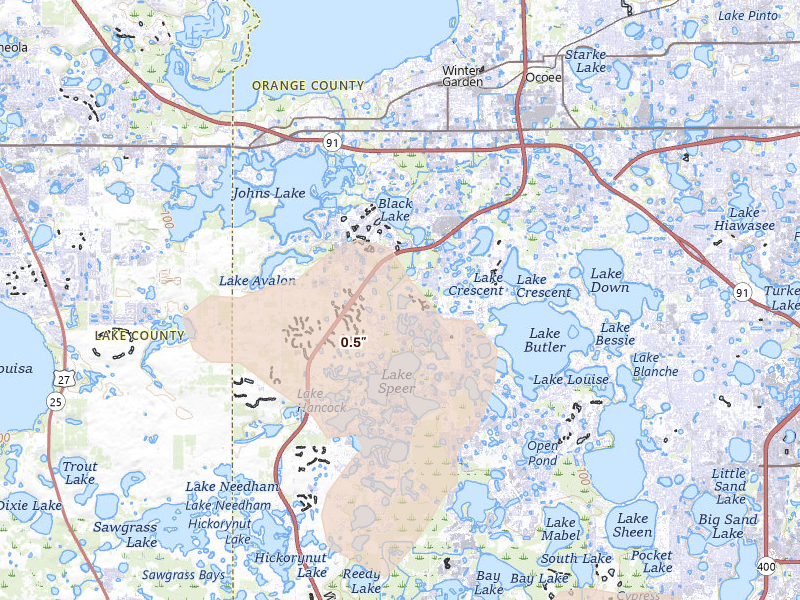 Radar-estimated hail-size map of the storm over Winter Garden, FL on Jun 24, 2026