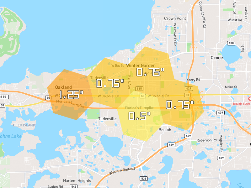 Hail map of Winter Garden, FL on Jun 27, 2026, hail up to 1.25"