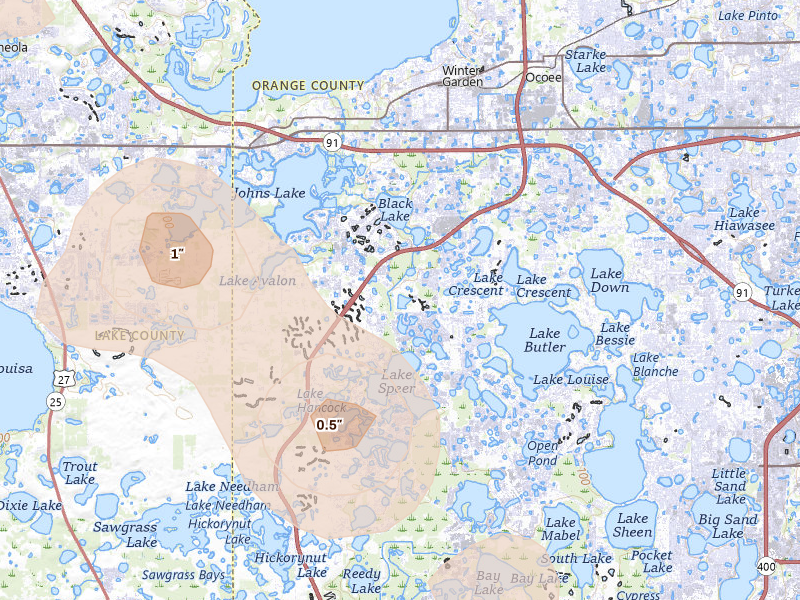 Radar-estimated hail-size map of the storm over Winter Garden, FL on Jun 29, 2026