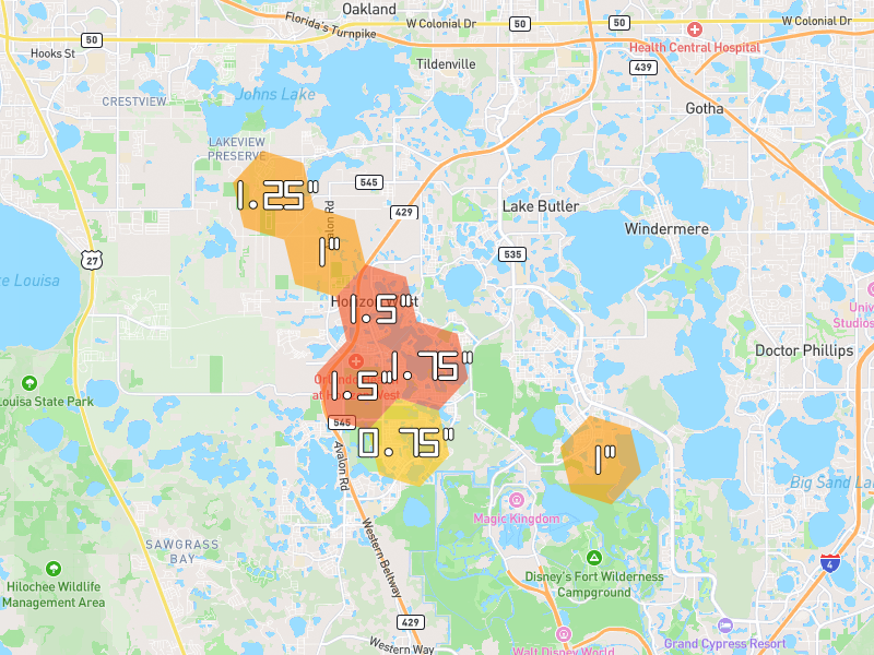 Hail map of Winter Garden, FL on Jun 29, 2026, hail up to 1.75"