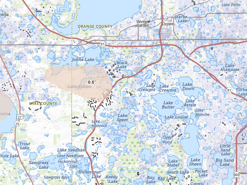 Radar-estimated hail-size map of the storm over Winter Garden, FL on Aug 29, 2026
