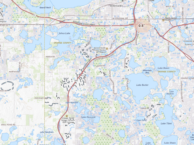 Radar-estimated hail-size map of the storm over Winter Garden, FL