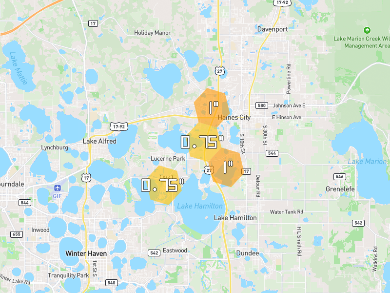 Hail map of Winter Haven, FL on Jun 30, 2026, hail up to 1"