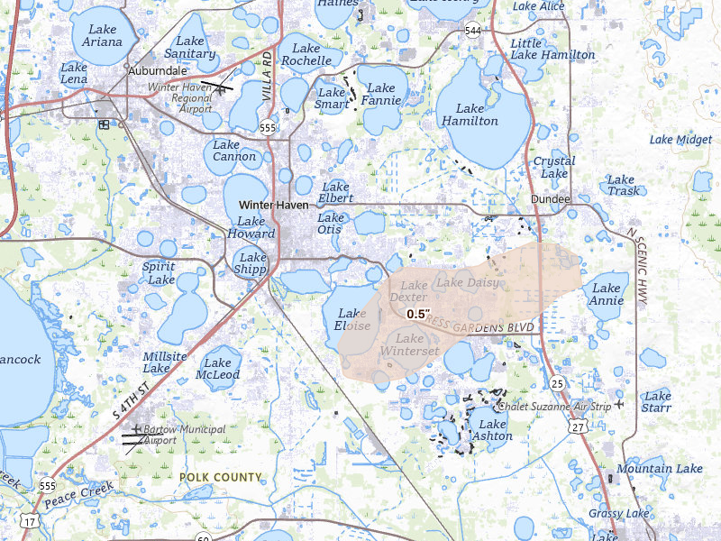 Radar-estimated hail-size map of the storm over Winter Haven, FL on Aug 20, 2026