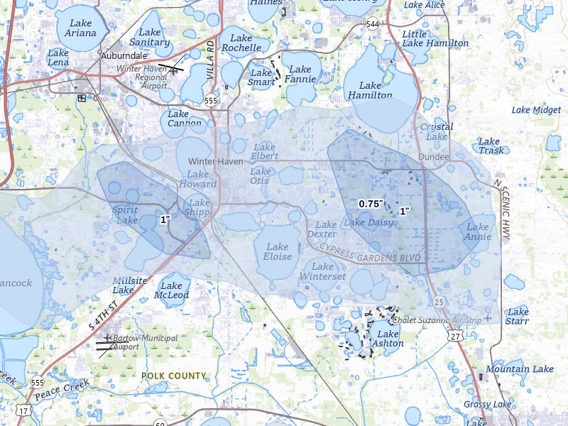 NEXRAD radar-signature map of the hail storm over Winter Haven, FL on Aug 20, 2026
