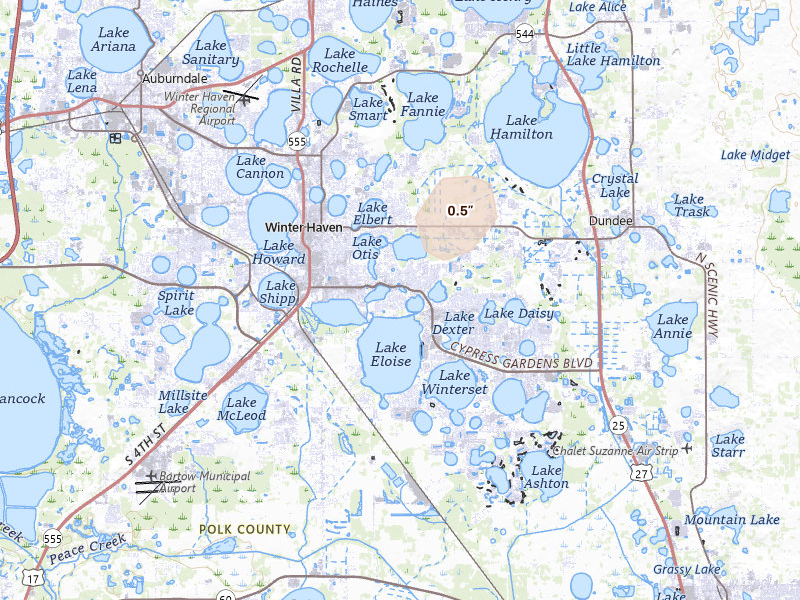 Radar-estimated hail-size map of the storm over Winter Haven, FL on Aug 29, 2026