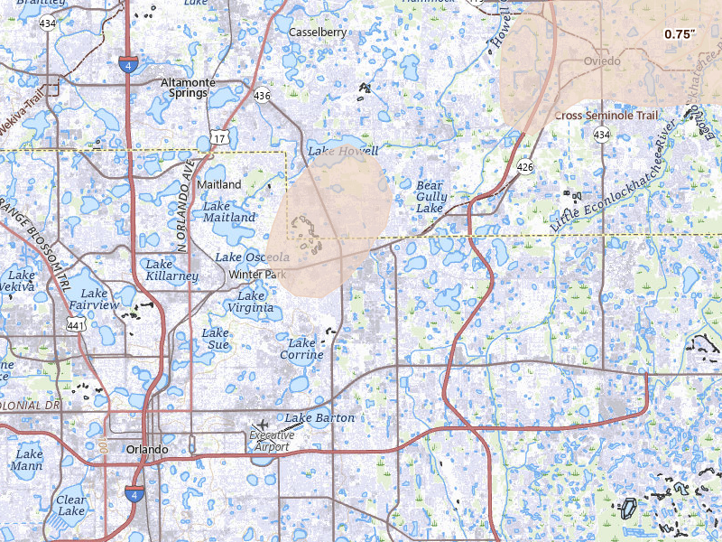 Radar-estimated hail-size map of the storm over Winter Park, FL on Jul 5, 2026