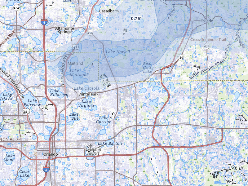 NEXRAD radar-signature map of the hail storm over Winter Park, FL on Jul 5, 2026