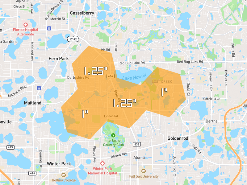 Hail map of Winter Park, FL on Jul 5, 2026, hail up to 1.25"