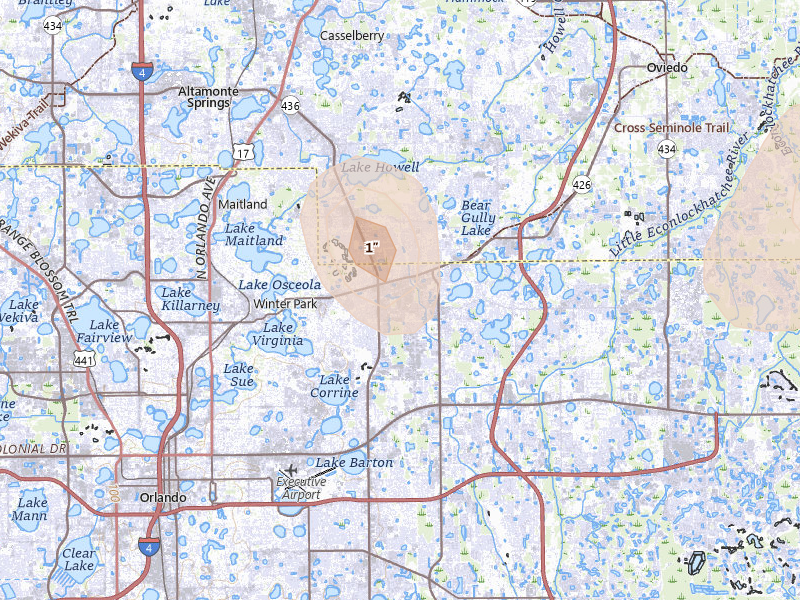 Radar-estimated hail-size map of the storm over Winter Park, FL on Aug 26, 2026