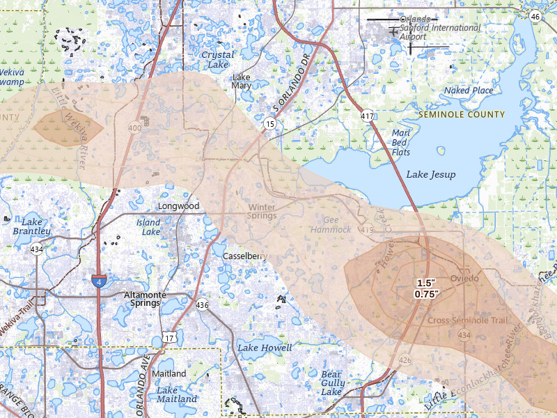 Radar-estimated hail-size map of the storm over Winter Springs, FL on May 12, 2026