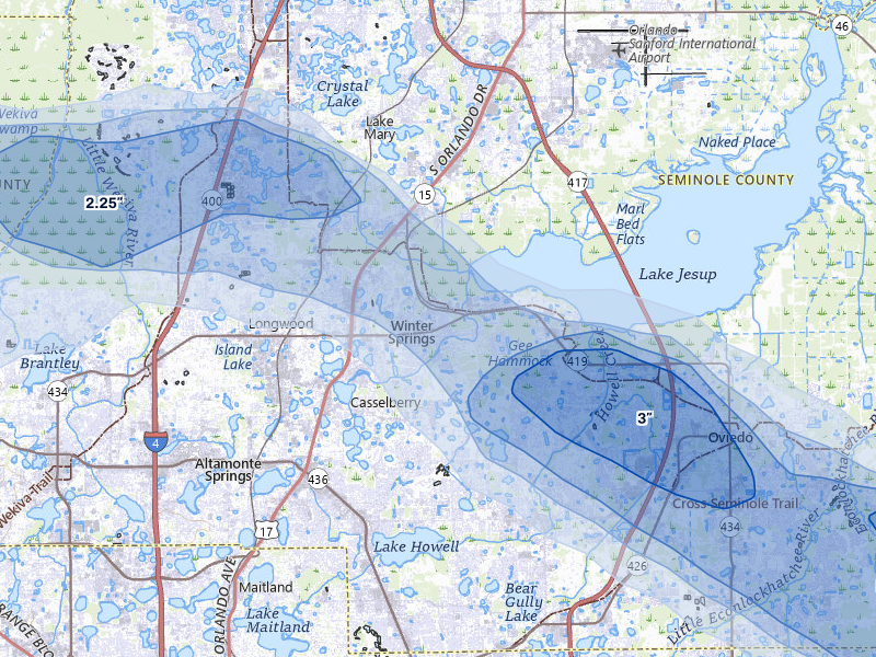 NEXRAD radar-signature map of the hail over Winter Springs, FL